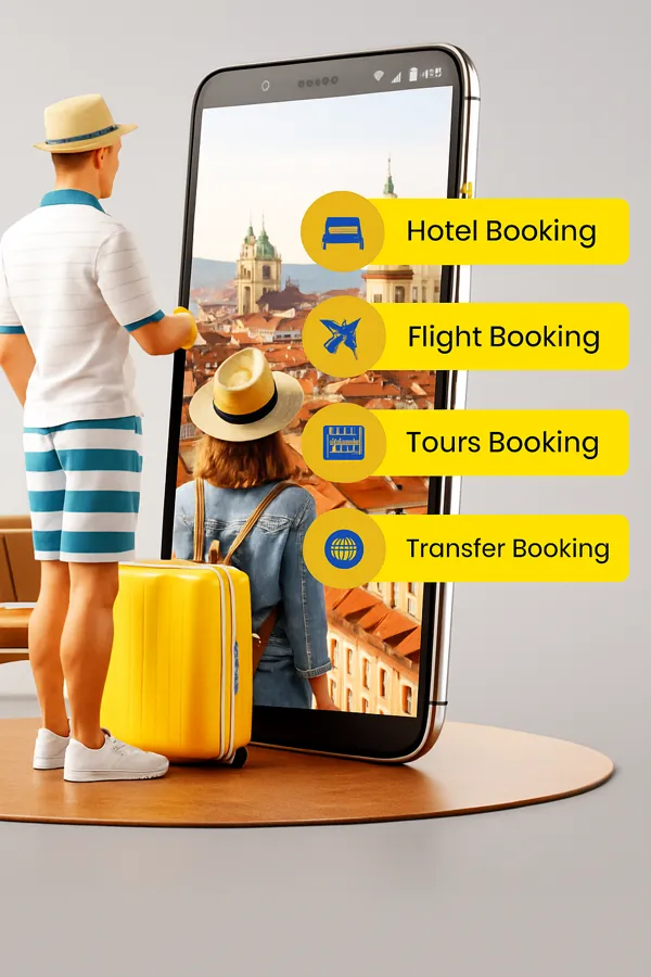 Traveler standing with luggage looking at a European city on a mobile screen, showing hotel, flight, tour and transfer booking options.